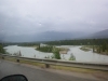 It is raining on the way to Fairmont Jasper Park Lodge.